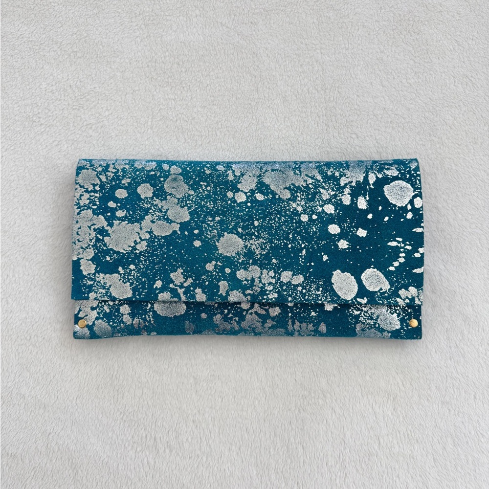 Floyd Handmade Teal Suede Clutch Silver Splatter Statement Bag Artisan Made